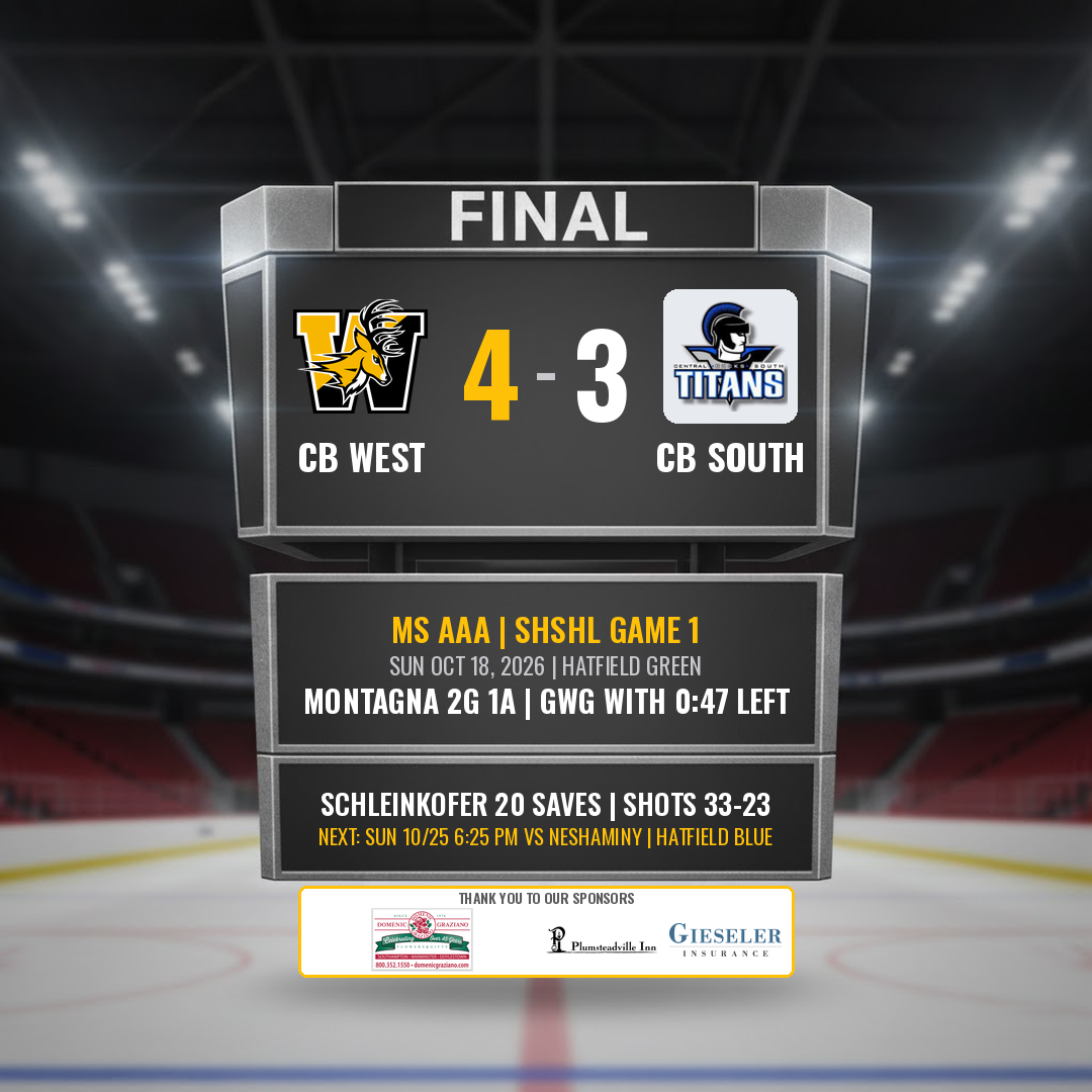 Montagna's Late Winner Lifts Bucks Past CB South in SHSHL Opener final scoreboard