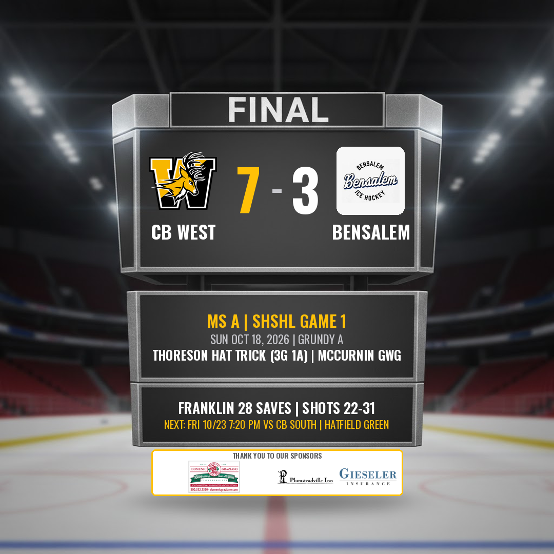 Thoreson Hat Trick Powers Bucks Past Bensalem in SHSHL Opener final scoreboard